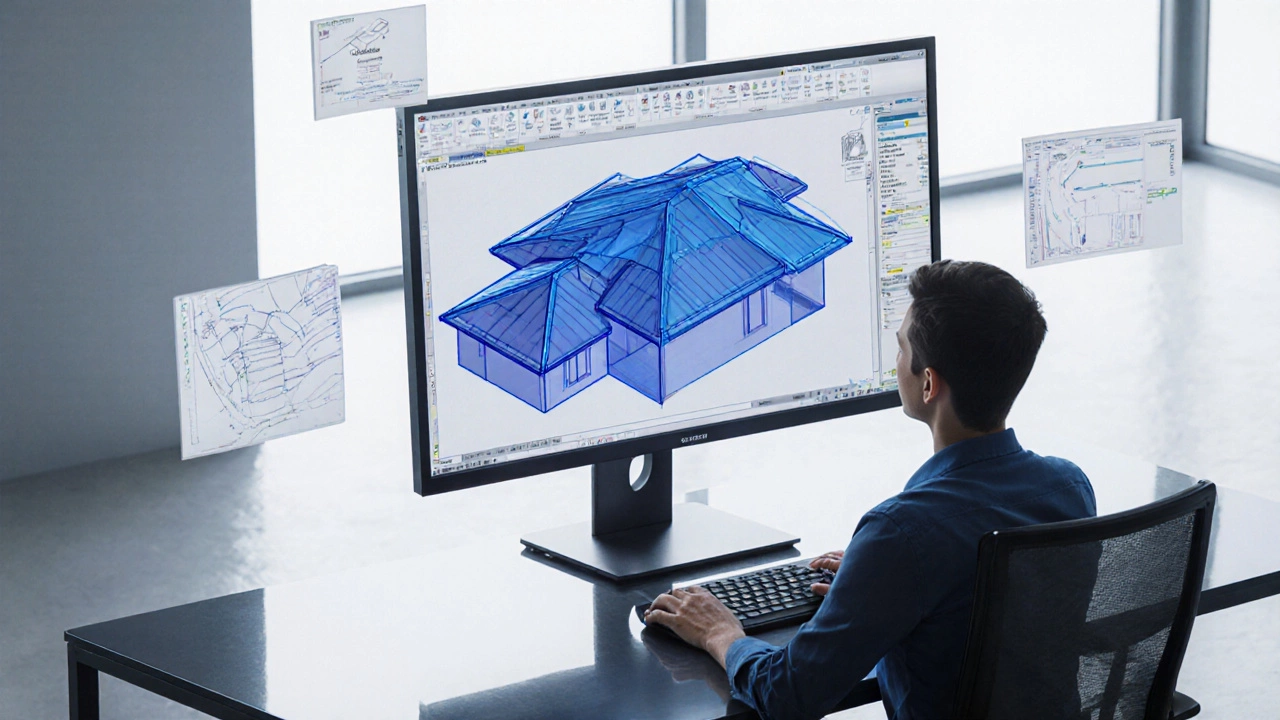 Дизайнер использует 3D‑модель в CAD для расчёта площади крыши.