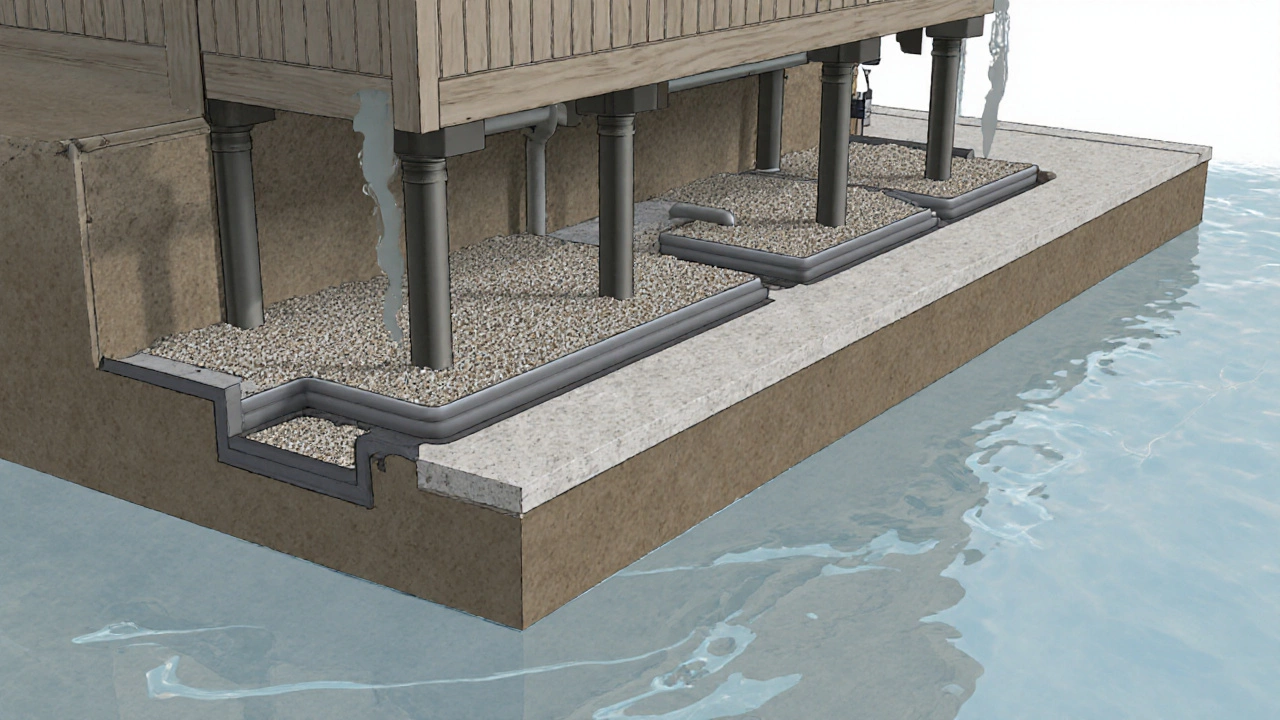 Разрез фундамента с сваями, дренажом и гидроизоляцией под воздействием грунтовых вод