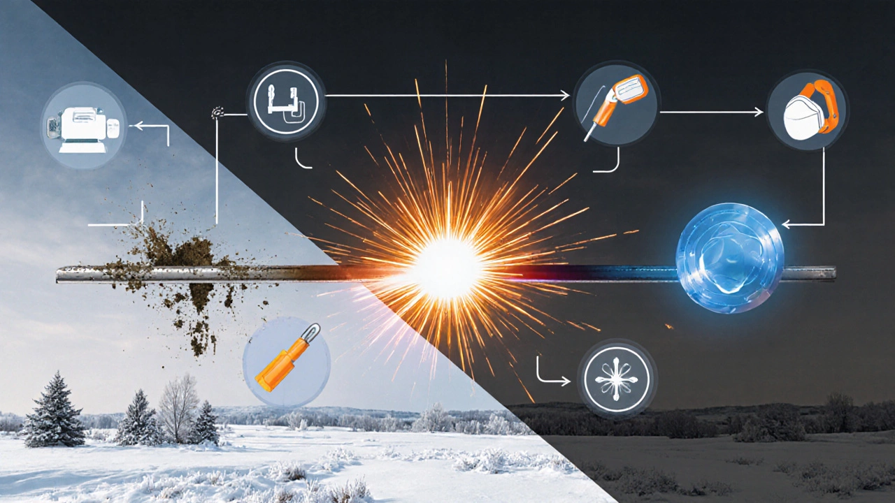 Схема жизненного цикла сварного шва: от подготовки до контроля качества с инструментами вокруг.