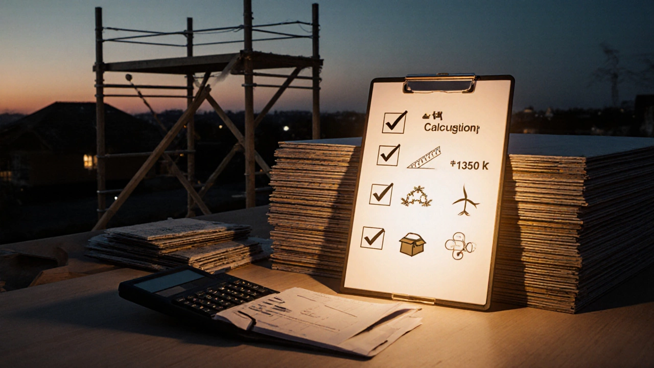 Строительная площадка с калькулятором, чек‑листом и стопкой кровельных листов.