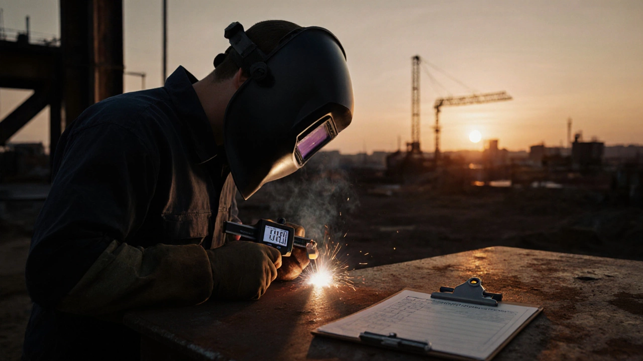 Сварщик измеряет шов калибром и ультразвуком, проверяя контрольный список.