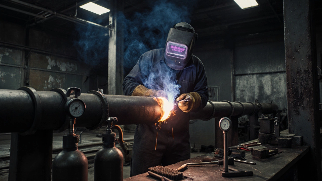 Сварщик выполняет аргонодуговую сварку трубы, виден светящийся дуговой разряд и газовый поток.