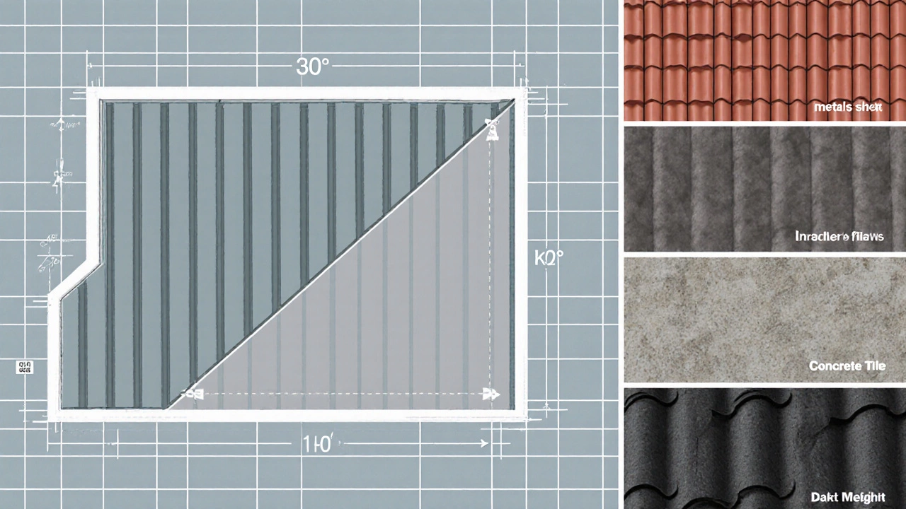 Техническая иллюстрация плана дома, угла наклона крыши и образцов материалов.