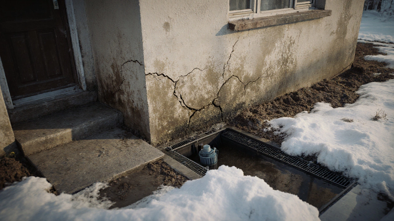 Трещины в подвале и новая дренажная система, отводящая воду от дома в снежной Сибири