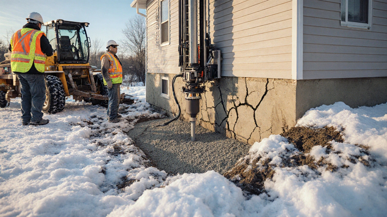Буровая установка закачивает раствор под фундамент дома на замерзшей почве.