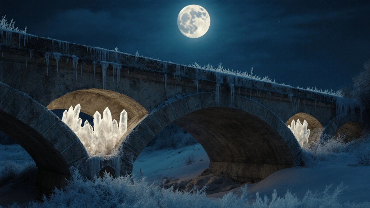 Древний бетонный мост с растущими кристаллами внутри и повреждениями от соли.