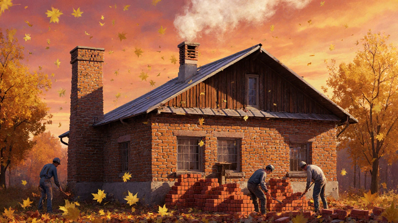 Кирпичный дом с утеплением и вентилируемым фасадом осенью в Новосибирске.