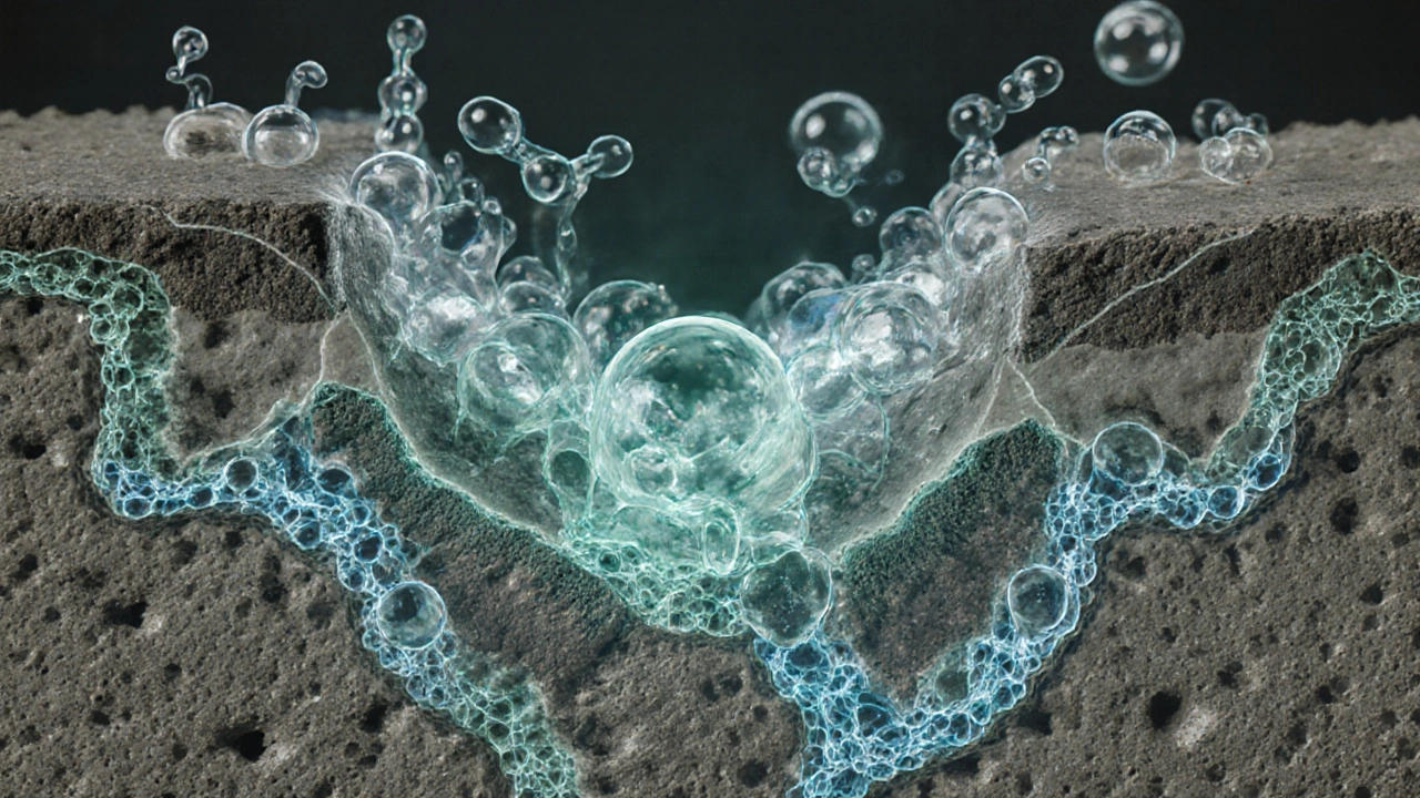 Микроскопическая сеть кристаллов гидросиликата кальция в цементе.