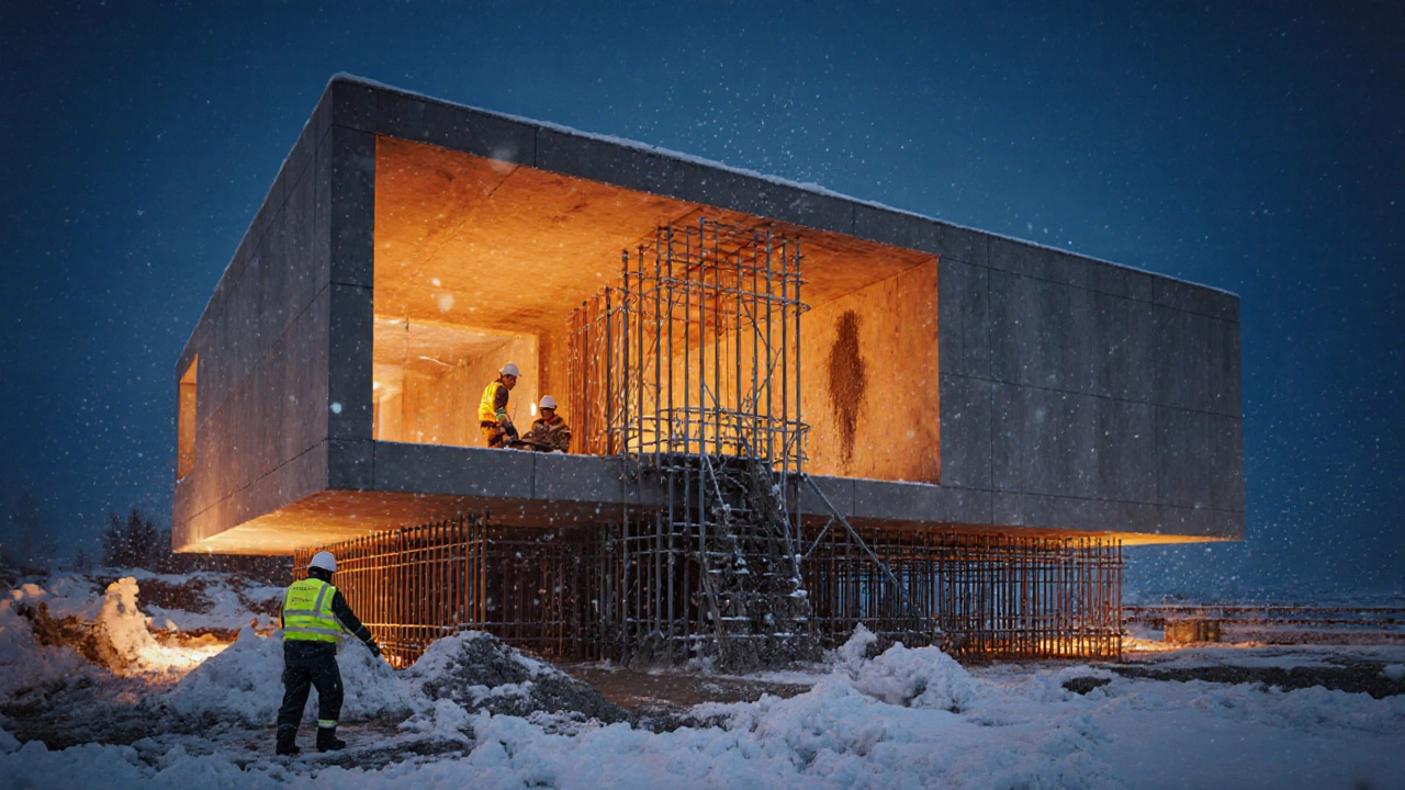 Монолитный дом с заливкой бетона в зимних условиях Сибири.