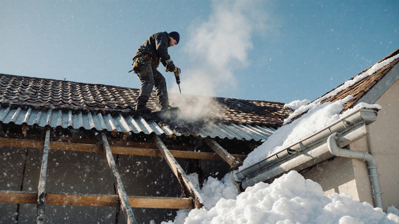 Рабочие заменяют кровлю на крыше дома в Новосибирске под снегопадом.