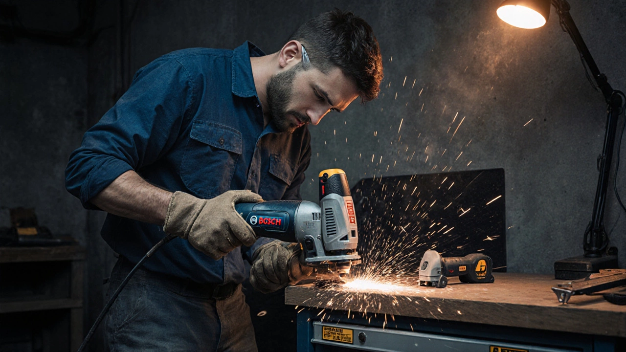 Рабочий сверлит бетонную стену перфоратором, искры и пыль в воздухе.