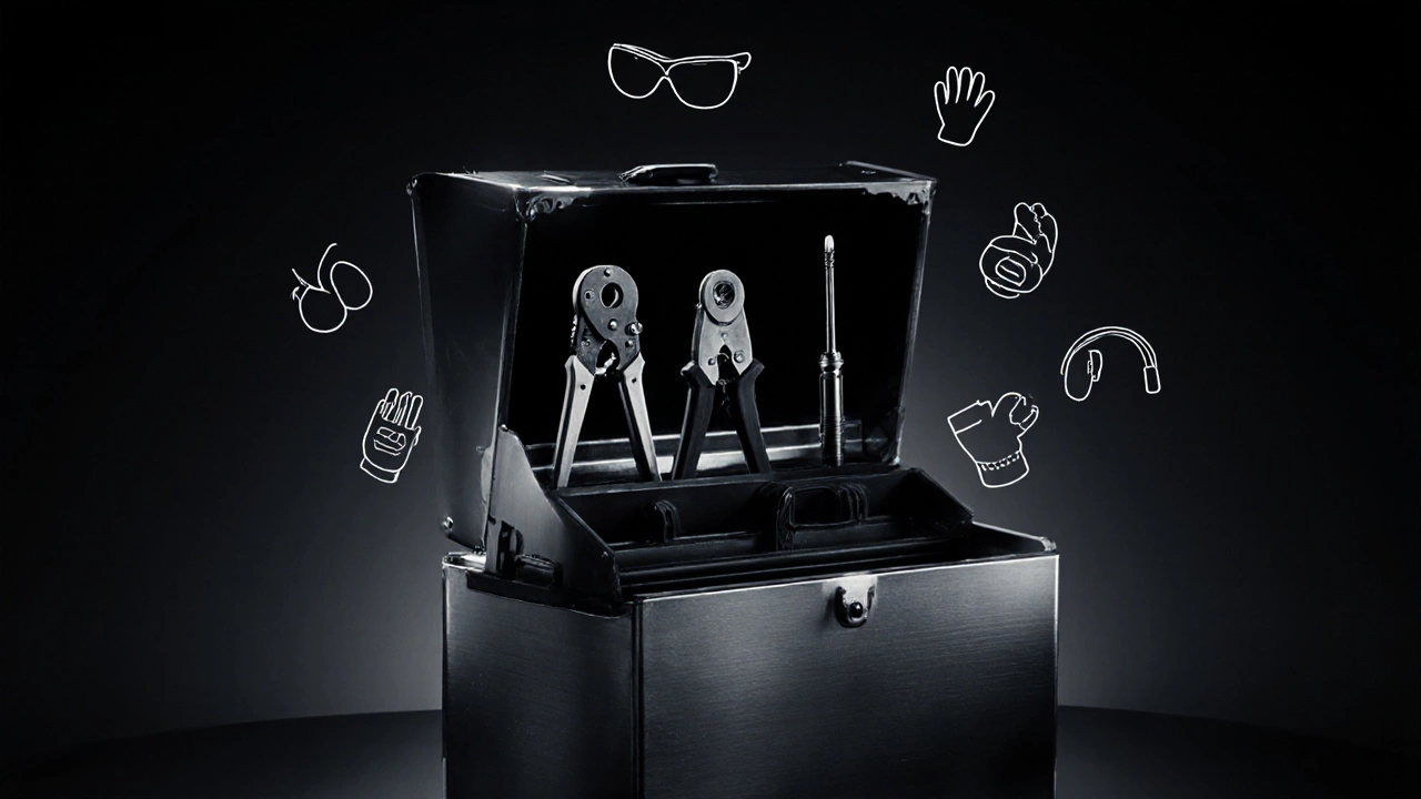 Раскрытый ящик с профессиональными инструментами и элементами защиты.