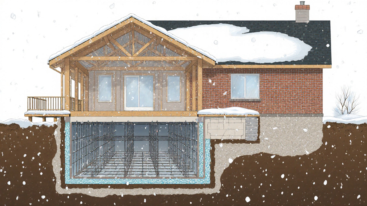 Разрез дома, показывающий скрытые слои фундамента, утепления и дренажа под снегом.