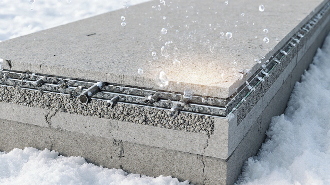 Разрез фундамента с щебнем, песком, цементом и арматурой, показывающий правильную структуру бетона.