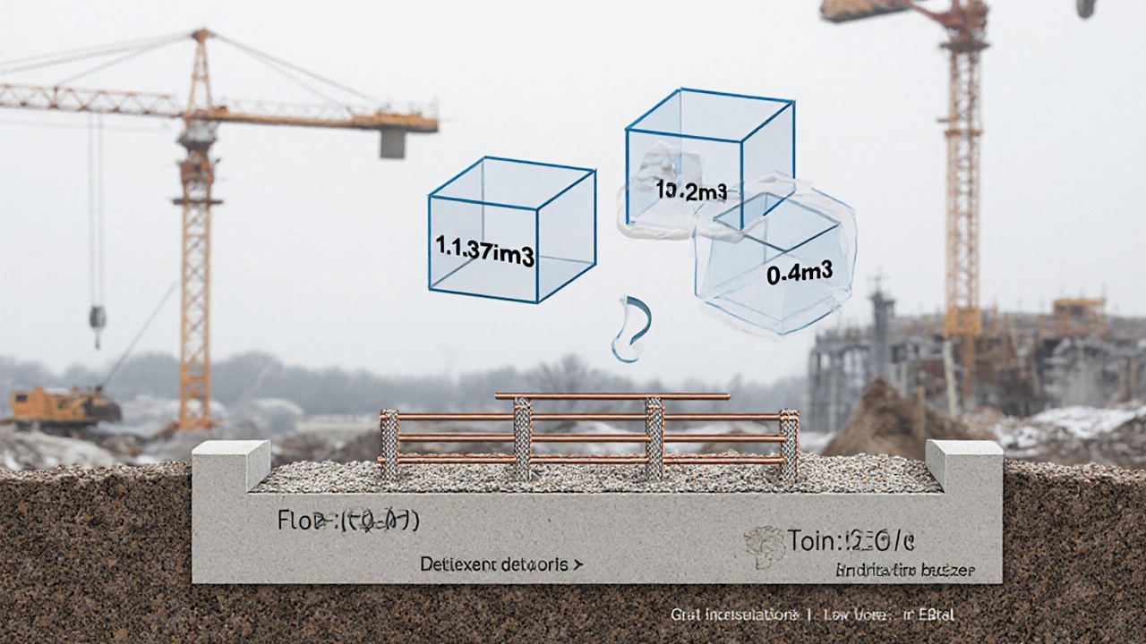 Разрез фундамента с слоями щебня и бетона и отображением объемов расчетов.