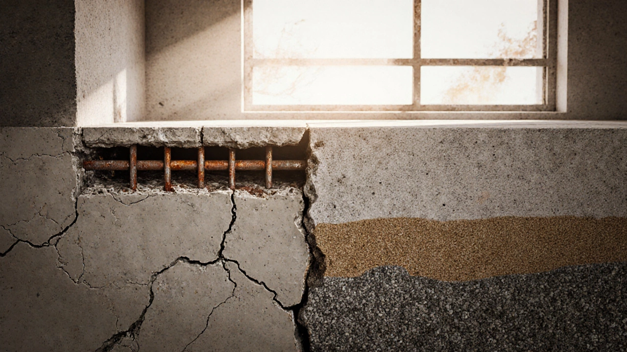 Разрез фундамента: слева — разрушающийся цемент без песка, справа — прочный бетон.