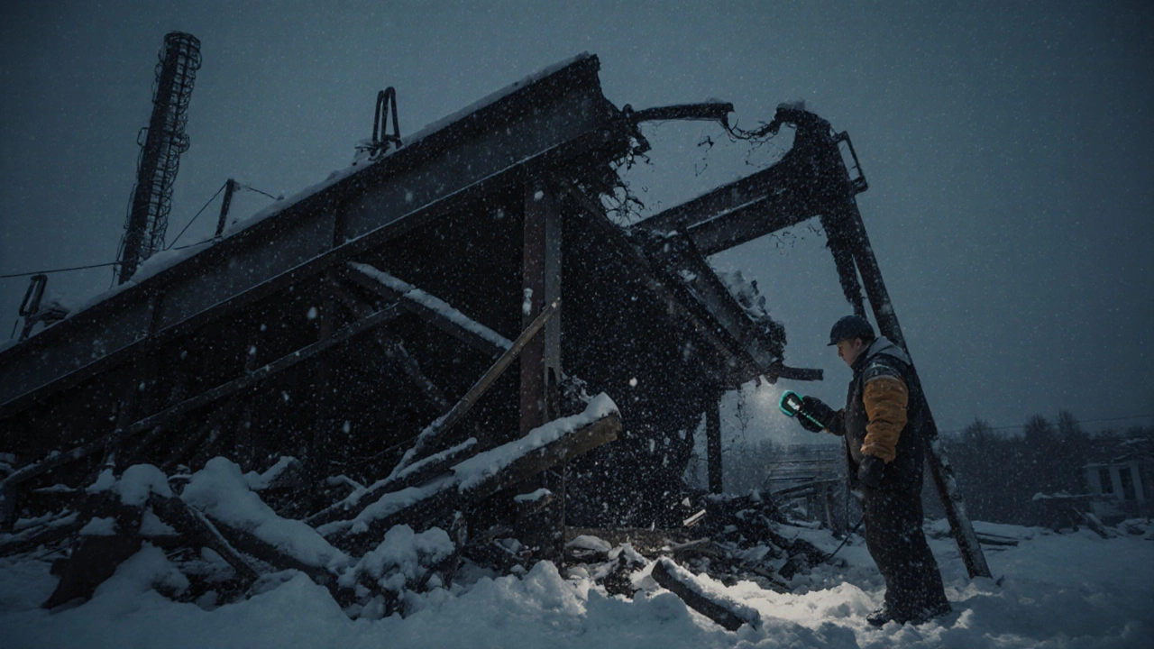 Разрушенная металлическая конструкция под снегом с видимыми трещинами по сварным швам.