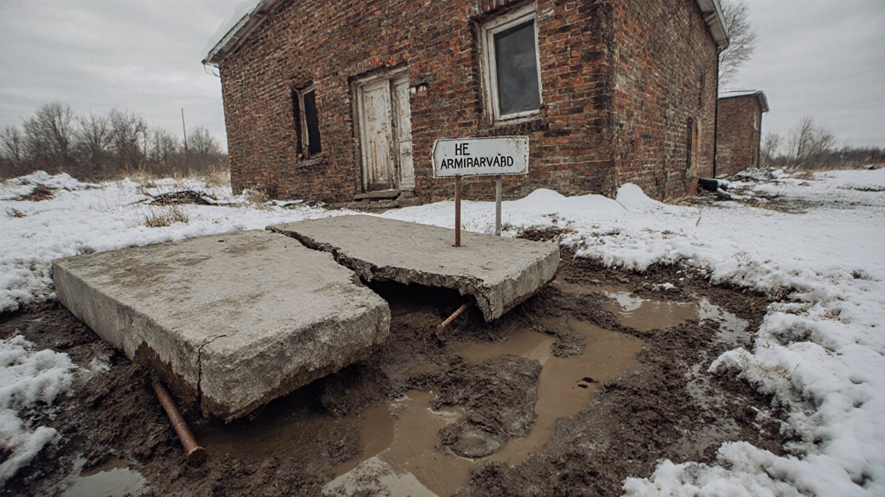 Разрушенный фундамент после зимы с трещинами в стенах, вспученным грунтом и обнажённой арматурой.