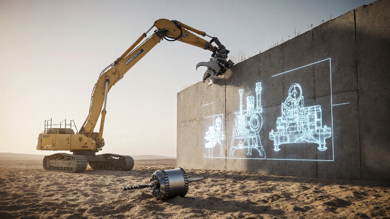 Робот-строитель печатает бетонную стену, фоном — исторические инструменты в прозрачном свете.