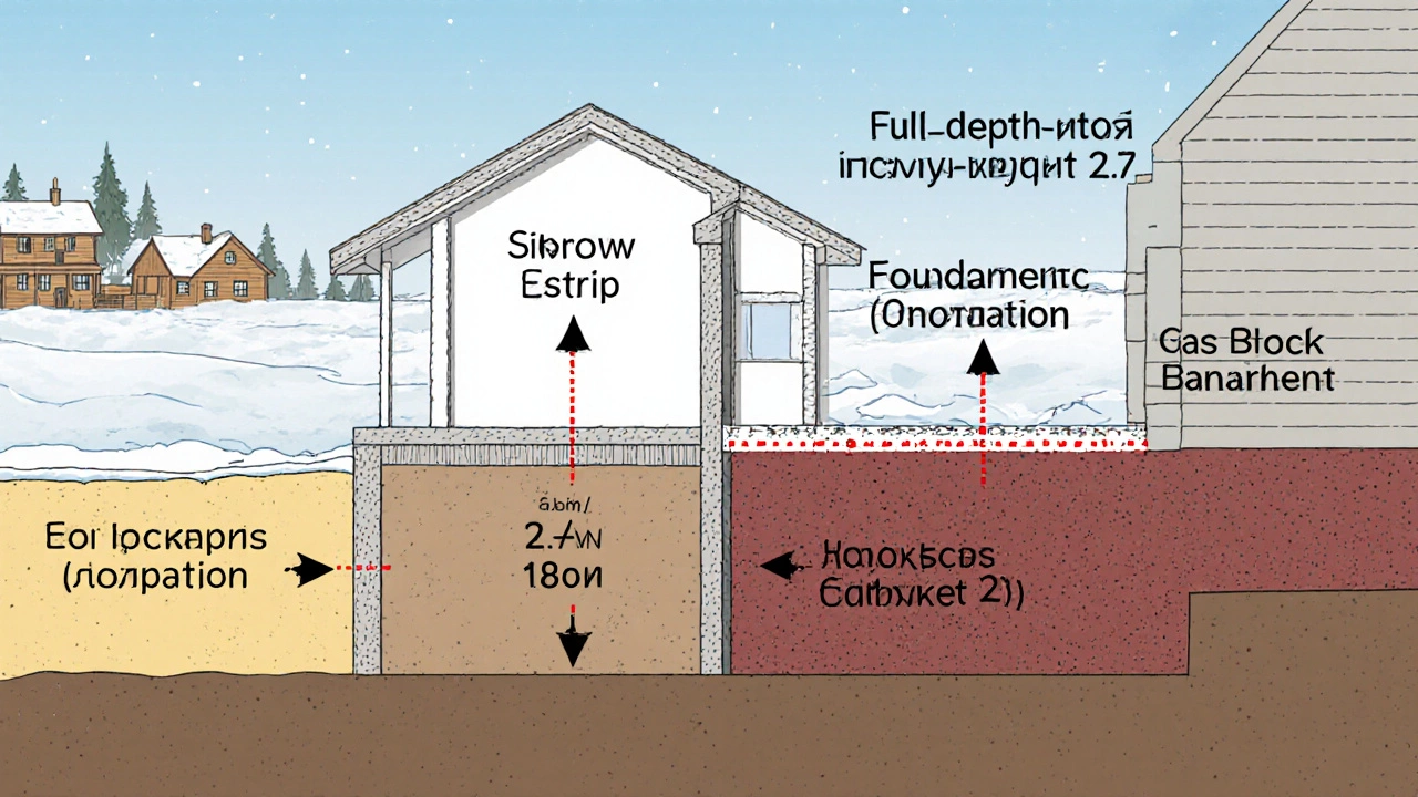 Схематичный разрез фундаментов разных типов домов с отметкой уровня промерзания и силами пучения грунта.