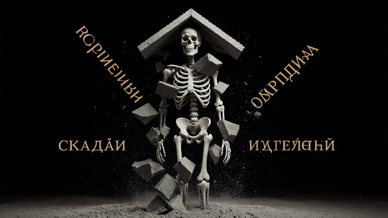 Скелет из цемента под давлением дома, символизирующий хрупкость ошибки.