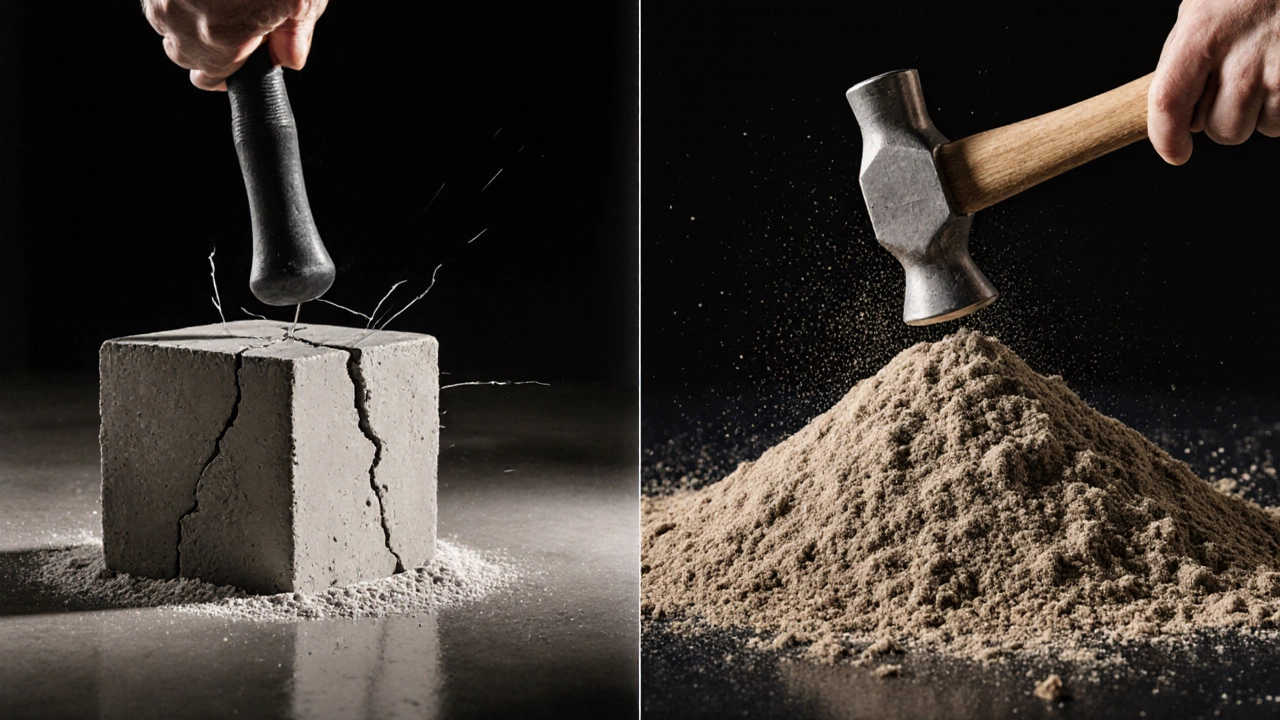 Сравнение прочного и разрушающегося бетона: слева — идеальный куб, справа — крошащийся образец.