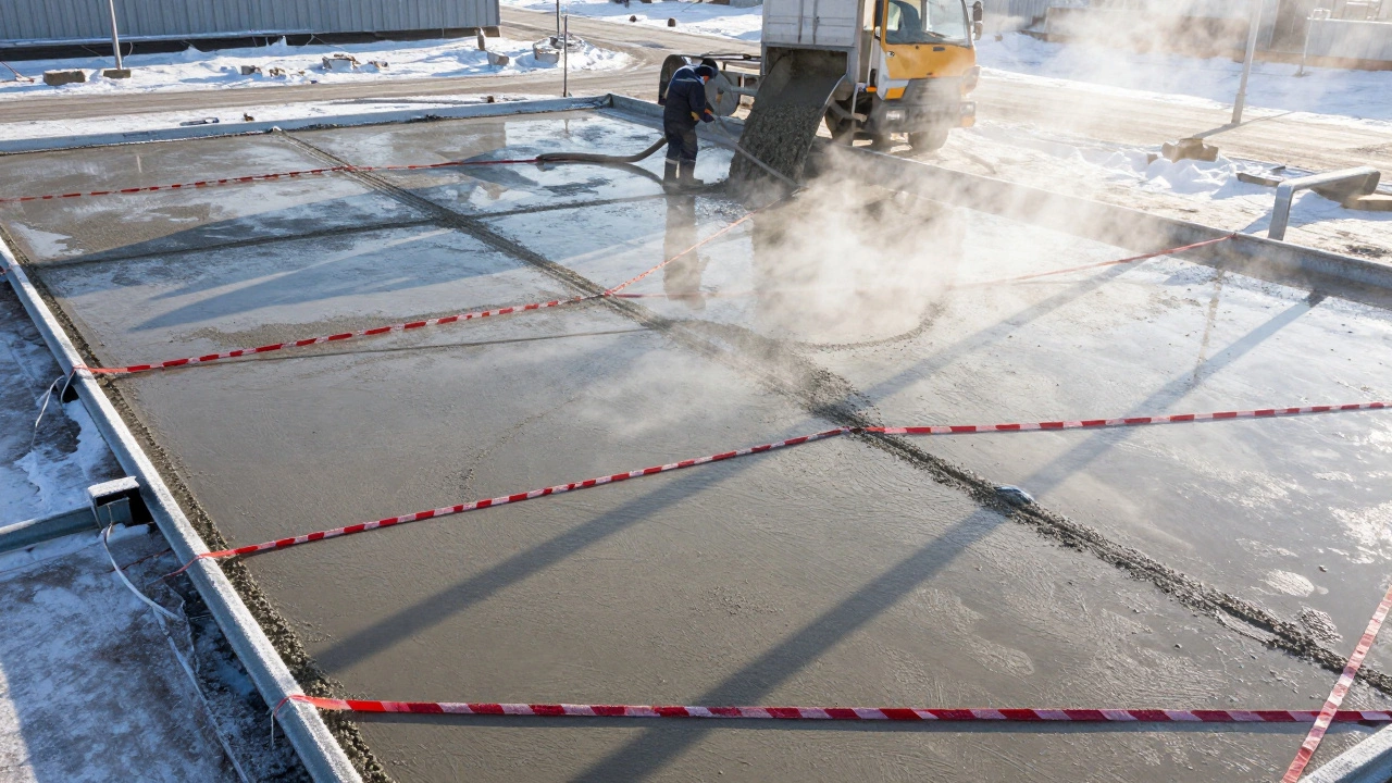 Большой цех с разделенными участками бетонного пола, рабочий заливает бетон в один сегмент.