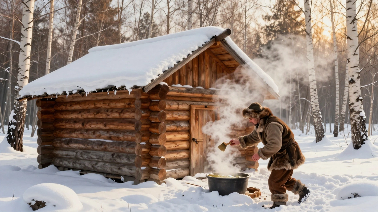 Деревянный сруб в лесу, мужчина обрабатывает бревна маслом, снег и закат.