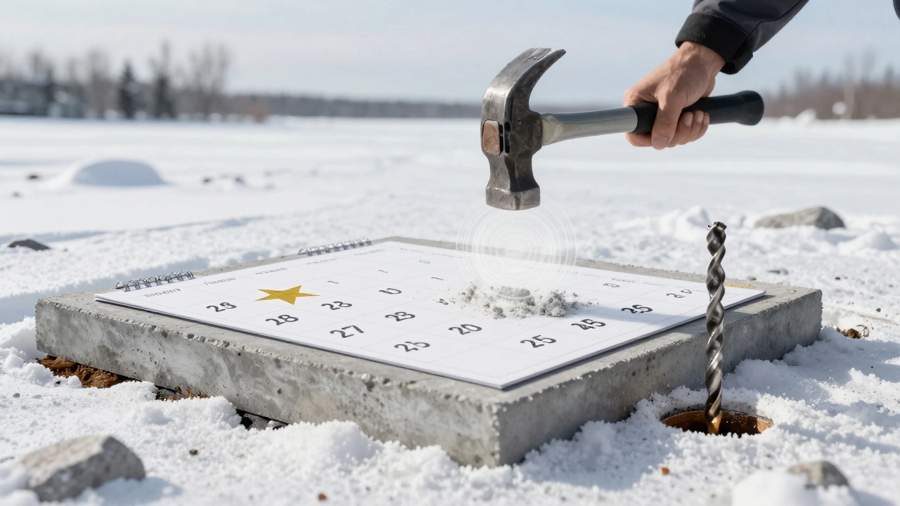 Календарь с днями затвердевания бетона, молоток и сверло проверяют прочность.