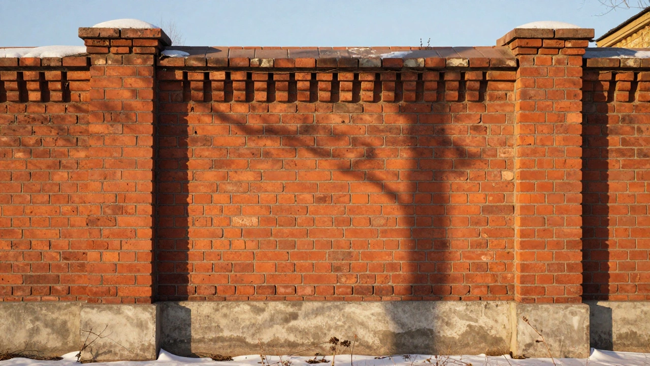 Кирпичный забор из красного глиняного кирпича 1975 года с естественным патиной и целым фундаментом.