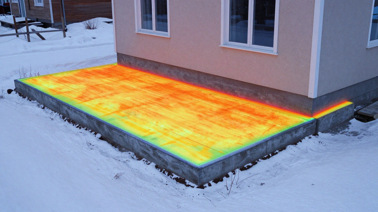 Монолитная плита фундамента в снегу с тепловизионным эффектом равномерного прогрева под основанием.