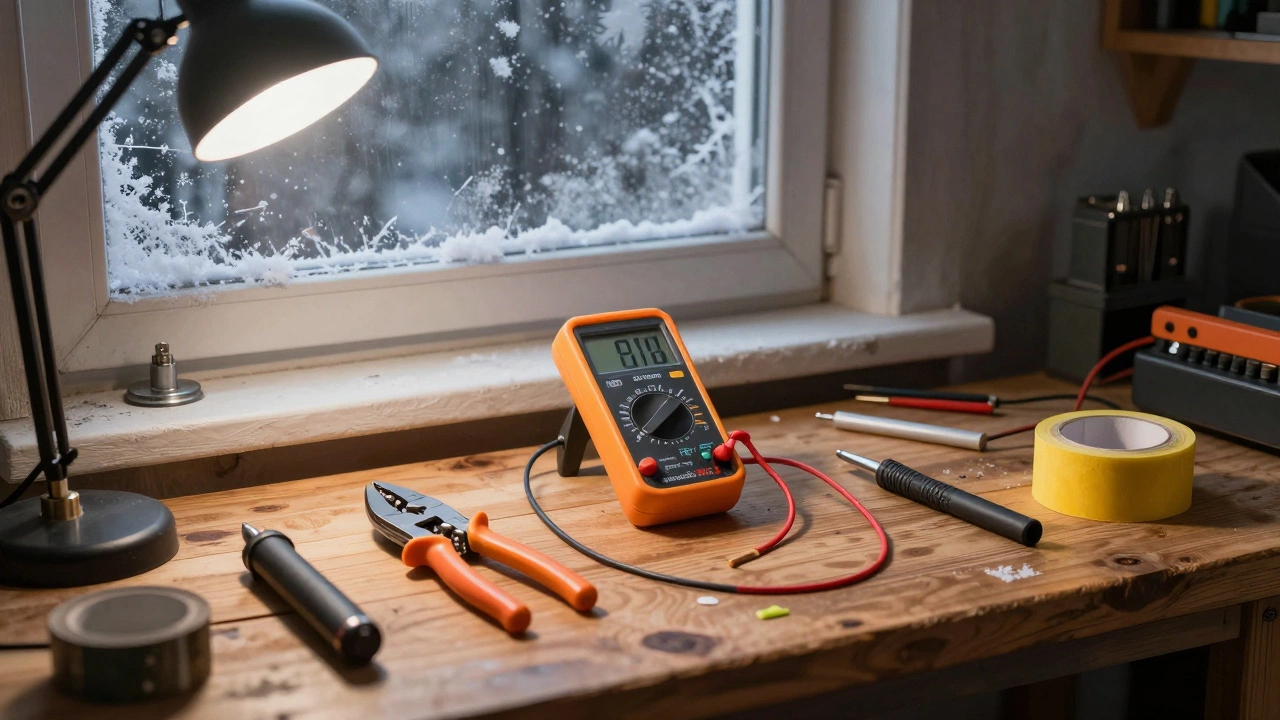 Набор профессиональных инструментов электрика на деревянной стойке в холодной мастерской с термоусадкой и мультиметром.