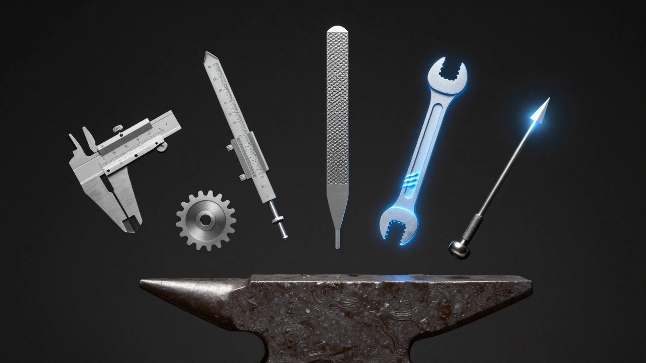 Пять групп слесарных инструментов изображены как абстрактные геометрические формы над наковальней.