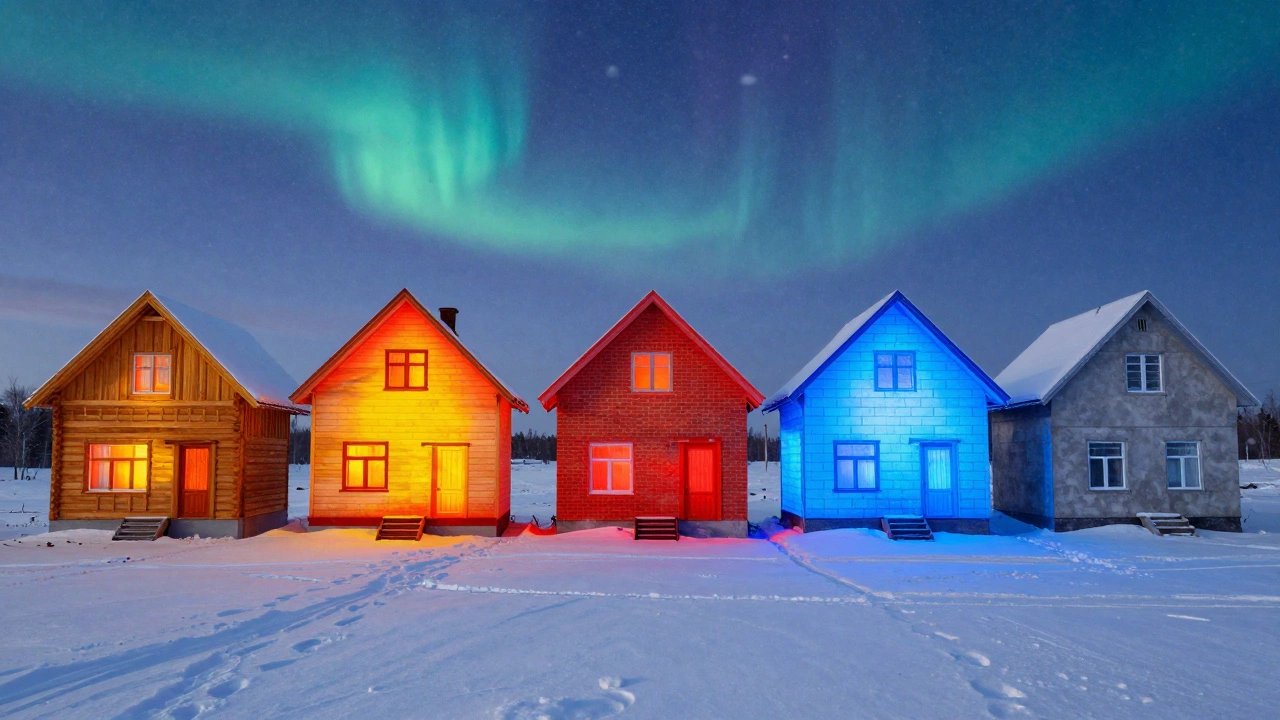 Пять типов домов в снежном пейзаже с тепловыми картами, вид сверху.