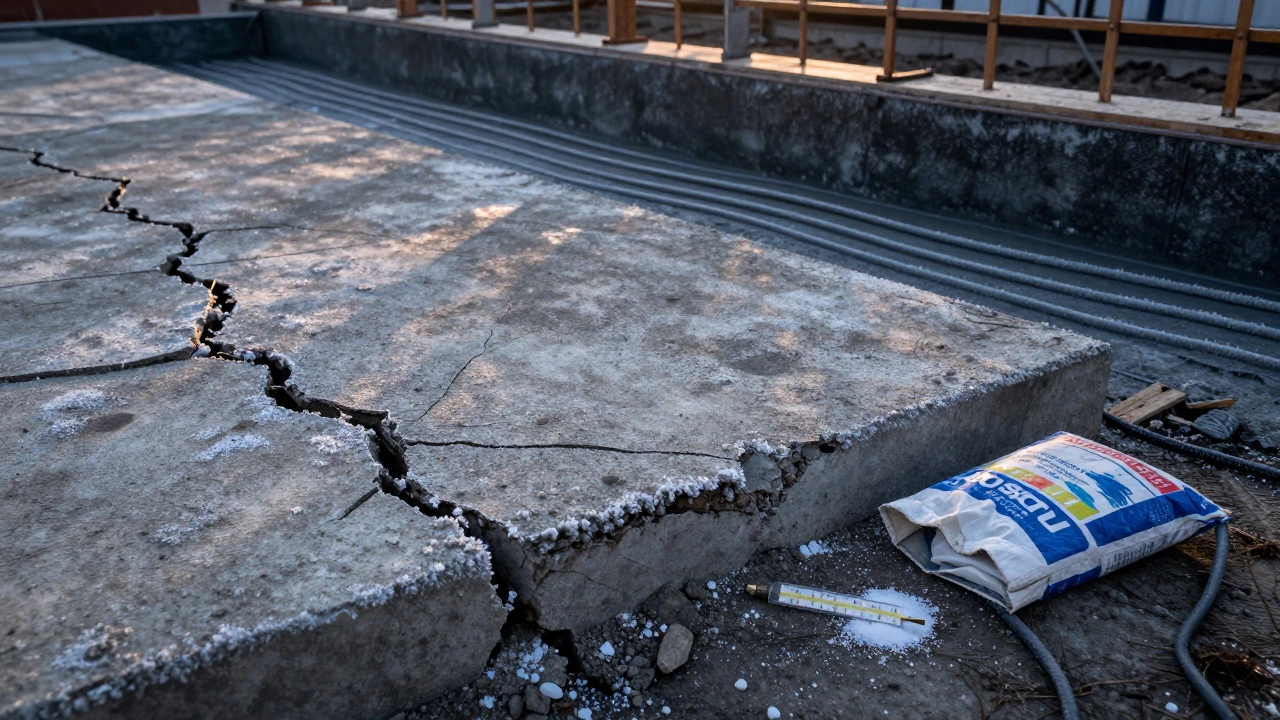 Поврежденный бетон с трещинами рядом с правильно выдержанным фундаментом.