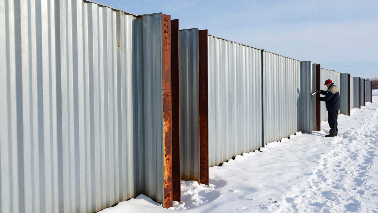 Профнастил с покрытием Pural, установленный в 2008 году, без ржавчины и выцветания, под ярким солнцем.