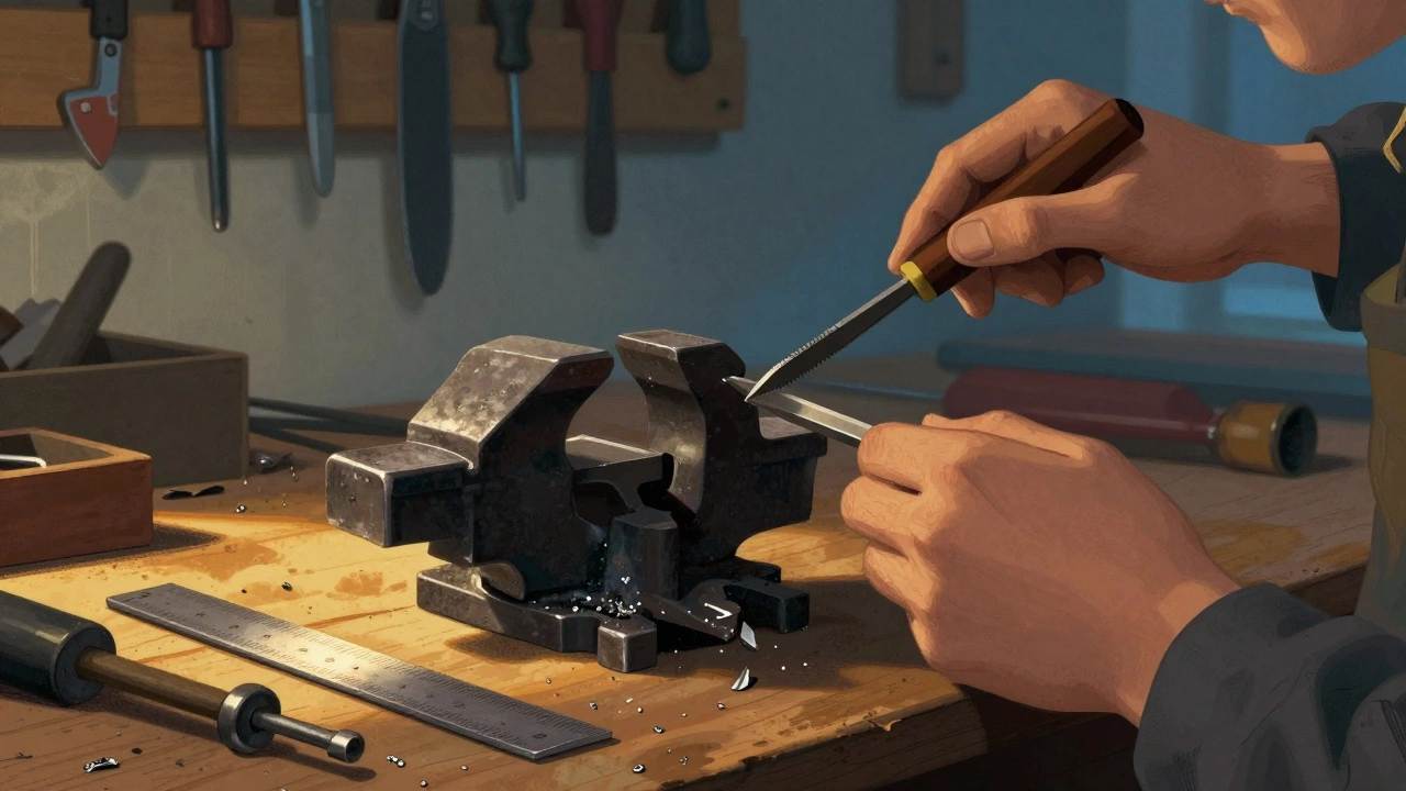 Рабочий файлует металлическую деталь в тисках, рядом лежат разметочные инструменты.