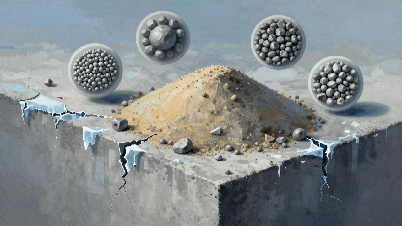 Разрез бетона с правильным соотношением цемента, песка и щебня, с трещинами от неправильной смеси по краям.