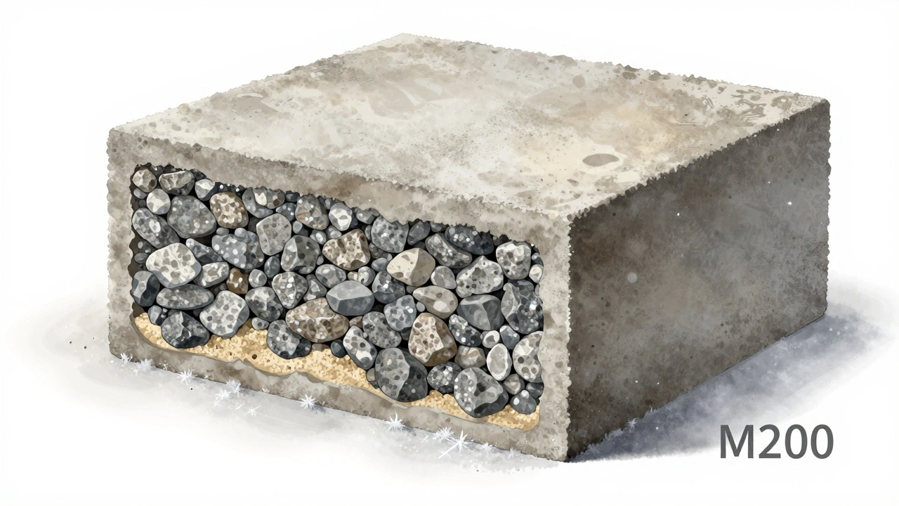 Разрез бетонного фундамента М200 с видимой структурой щебня, песка и цементного камня.