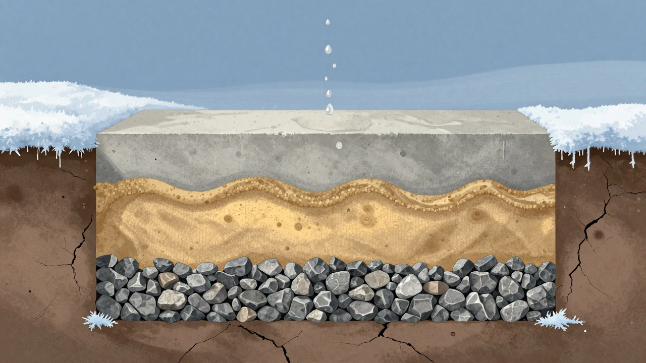 Разрез бетонного фундамента с слоями щебня, песка и цемента.