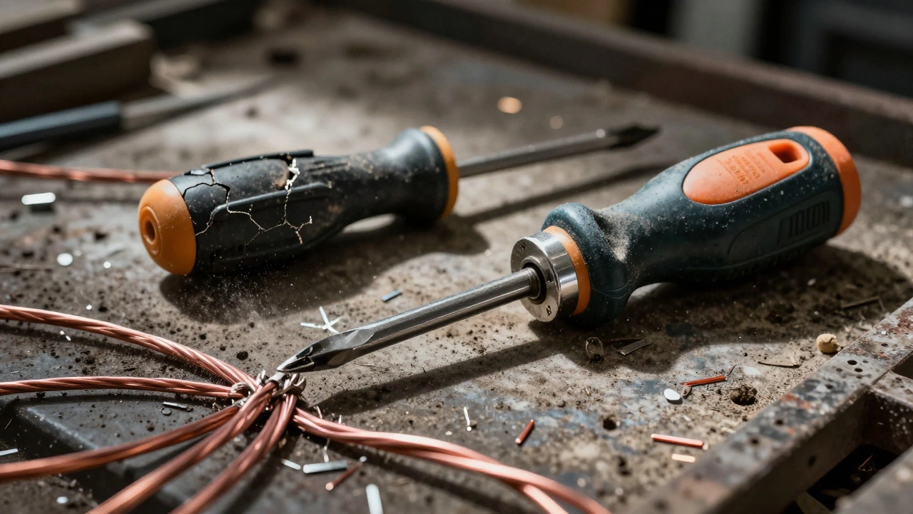 Сравнение дешевой неизолированной отвертки и безопасной профессиональной с маркировкой 1000 В.