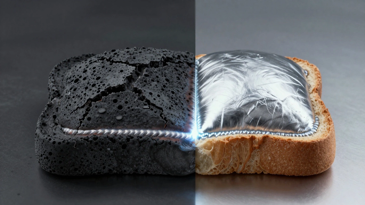 Сравнение пористого шва без газа и чистого шва с защитой — как сгоревший и свежий хлеб.