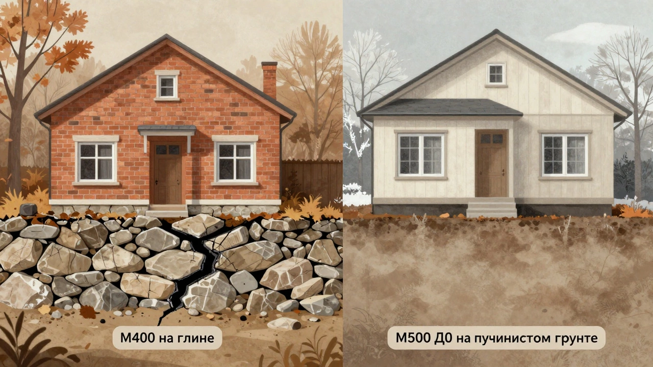 Сравнение треснувшего фундамента из М400 и целого из М500 на разных типах грунта в осенне-зимнем пейзаже.