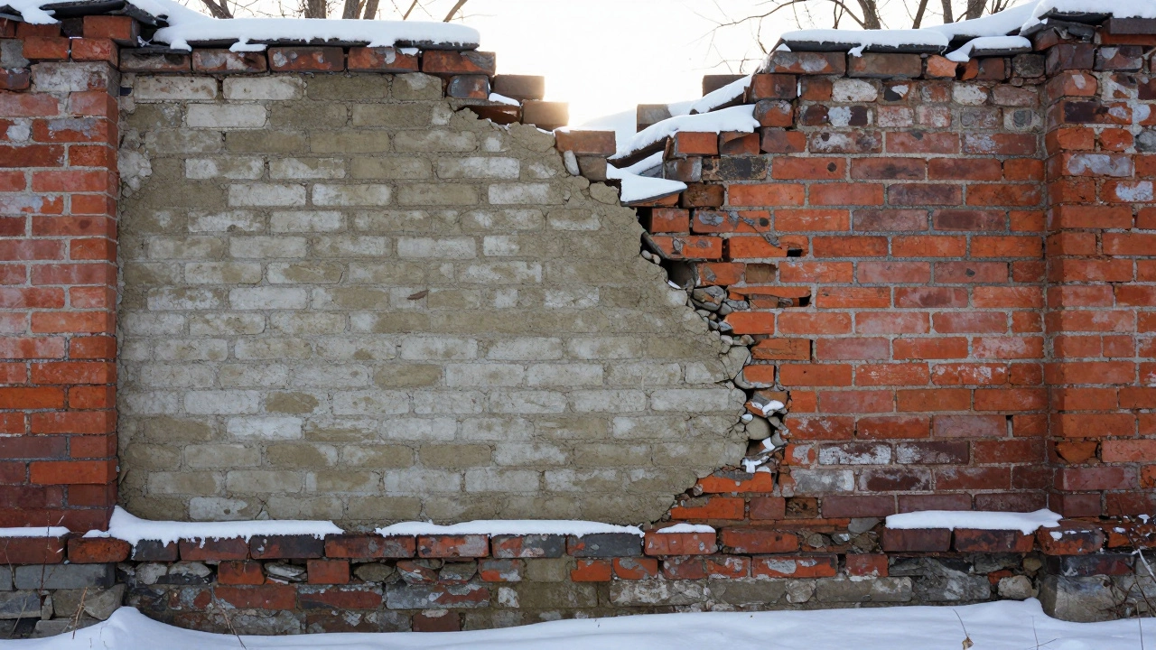 Стена из кирпича: одна часть с прочным раствором, другая — с трещинами от плохого замеса под снегом.