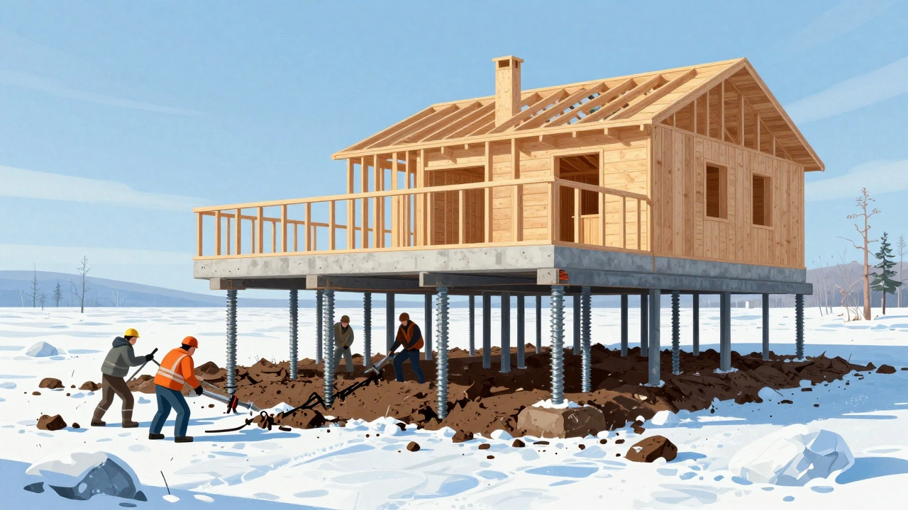 Свайно-ростверковый фундамент в сибирской тундре, сваи вкручены в вечную мерзлоту под домом.