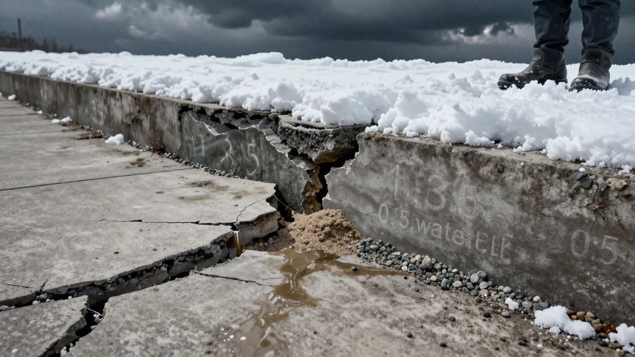 Трещины в бетоне из-за неправильной пропорции под снегопадом.