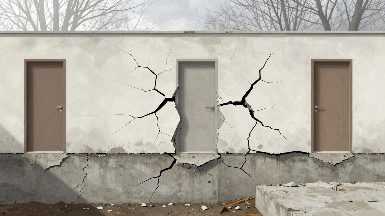 Трещины в стенах дома над деформированным фундаментом, двери перекошены.