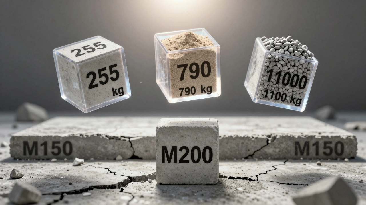 Три прозрачных куба с компонентами бетона М200 над треснувшим образцом М150.