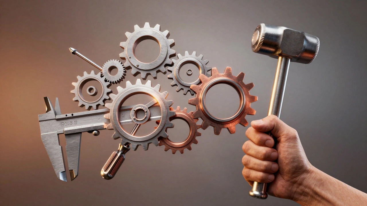 Абстрактное изображение слесарных инструментов как взаимосвязанных металлических шестерёнок, символизирующих точность и мастерство.