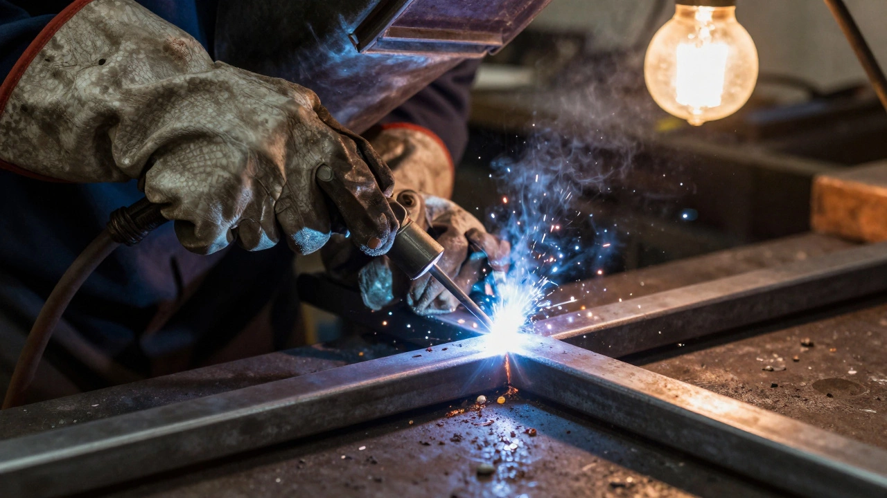 Ближний план рук сварщика с электродом, яркая дуга и расплавленный металл на поверхности.